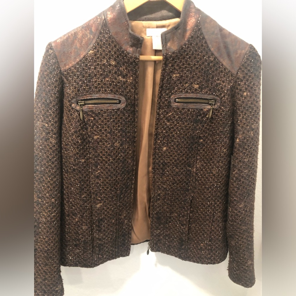 CHICOS Tweed Women’s Jacket with Leather Trim